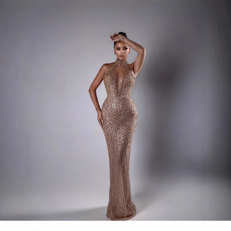 

New Arrival Women's High Neck gold Fashion Sequin Heavy Embellished Bodycon Runway Banquet Wedding Evening Dress