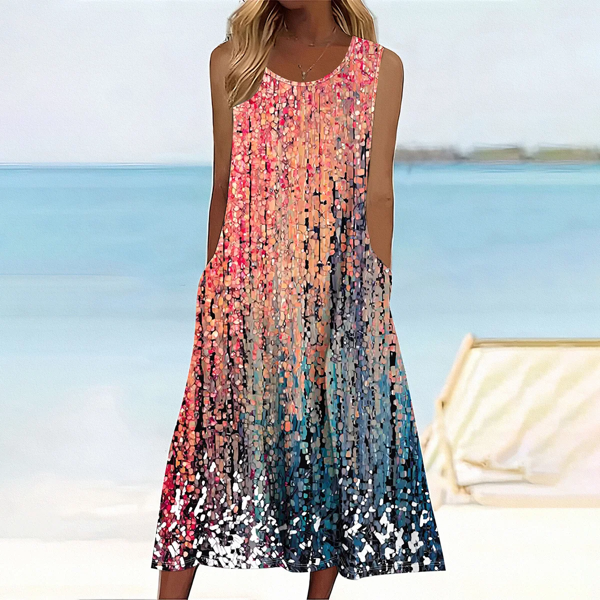 

2026 Летнее новое модное женское элегантное повседневное платье с круглым вырезом и принтом