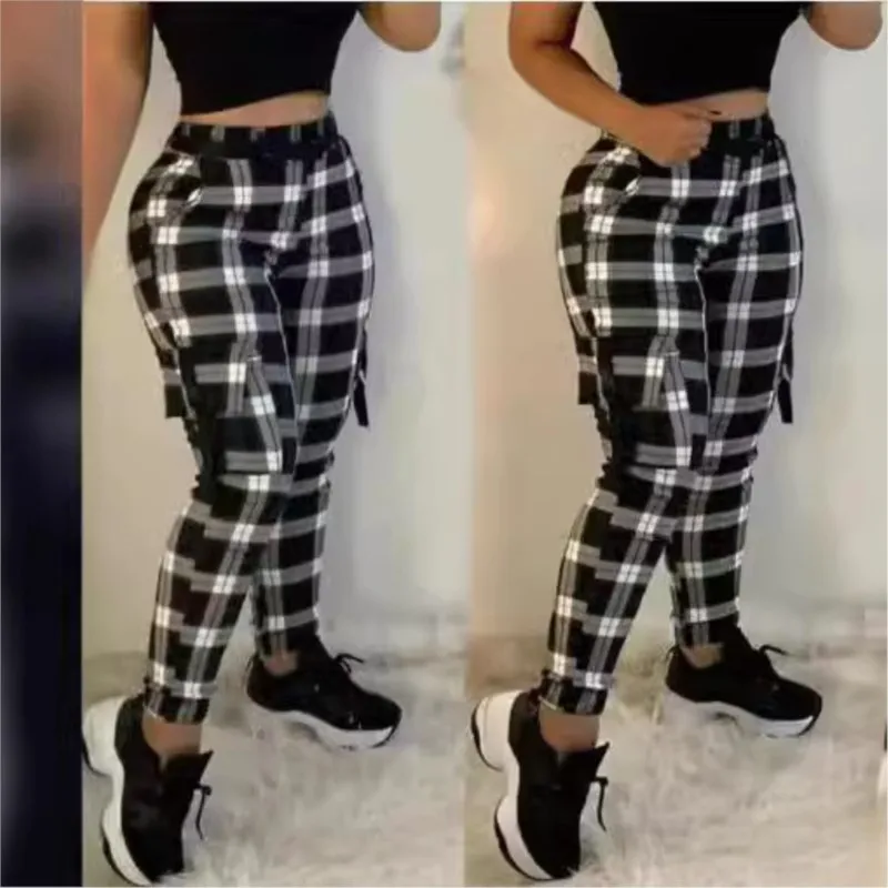 

Winter Pants Women 2024 Slim Fitting Printed Checkered Overalls Fashion Versatile Casual Tight Fit Trousers Female Y2k Clothes