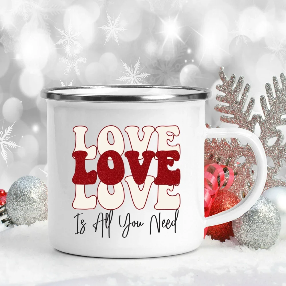 Love Heart Printed Camping Mug Valentine Party Juice Milk Cup Coffee Cups  Enamel Mugs Valentine\'s Day Gifts for Family Friends