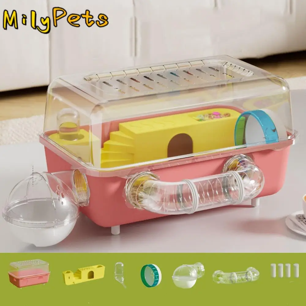 رؤية بانورامية قفص الهامستر عجلة الجري زجاجة ماء قفص مراقبة الحيوان التهوية البلاستيكية الهامستر فيلا فاخرة #1