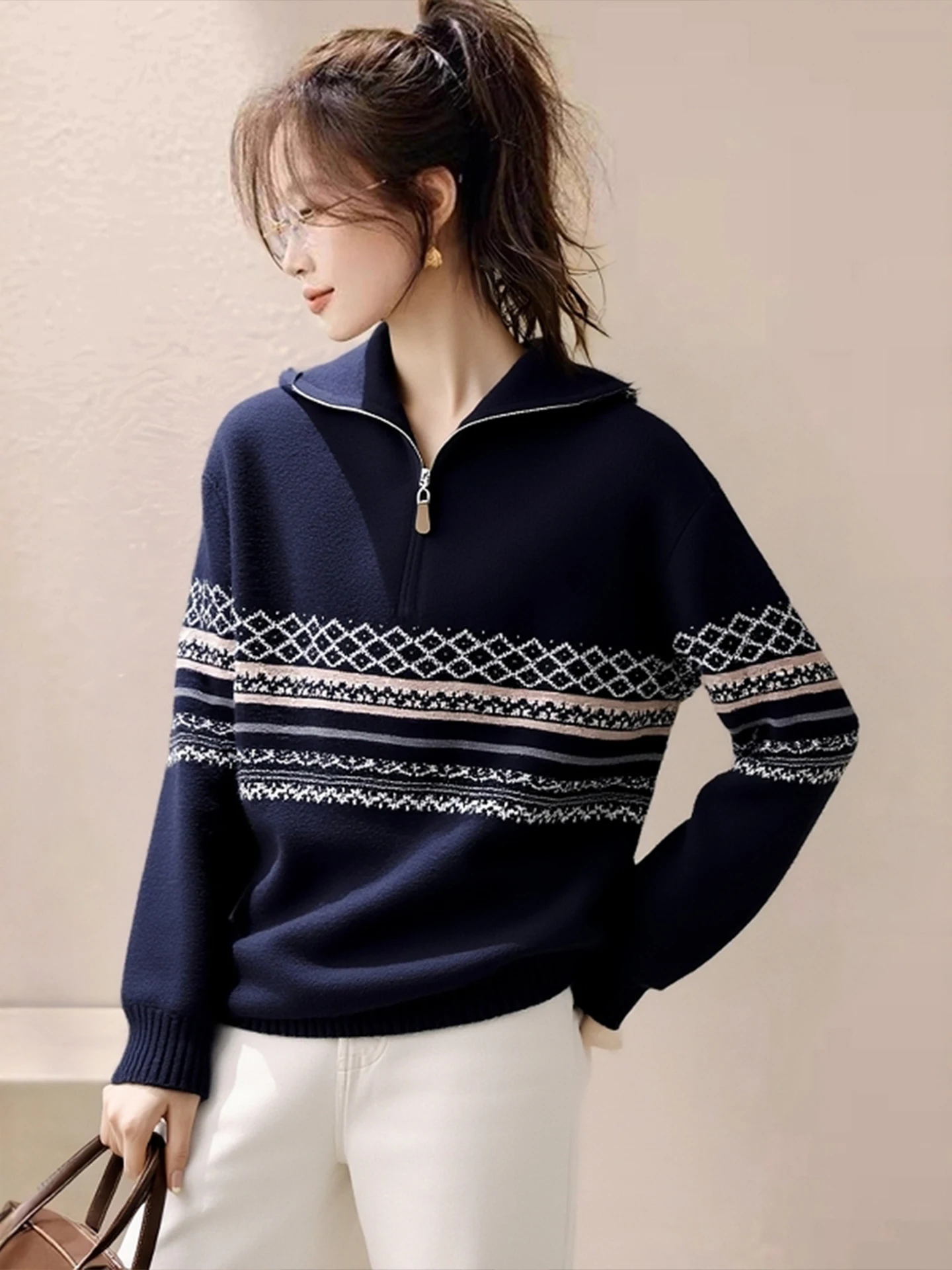 

Модный теплый мягкий вязаный свитер Camere с длинной кисточкой на молнии, полосатый цветной трикотаж, зимнее новое поступление