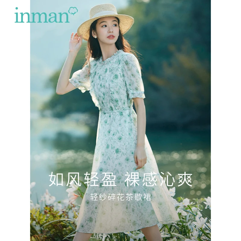 

INMAN Women Dress 2023 Summer Puff Sleeve Lace Round Neck A-shaped Slim Waist Full Floral Printing Pastoral Style Sweet Skirt