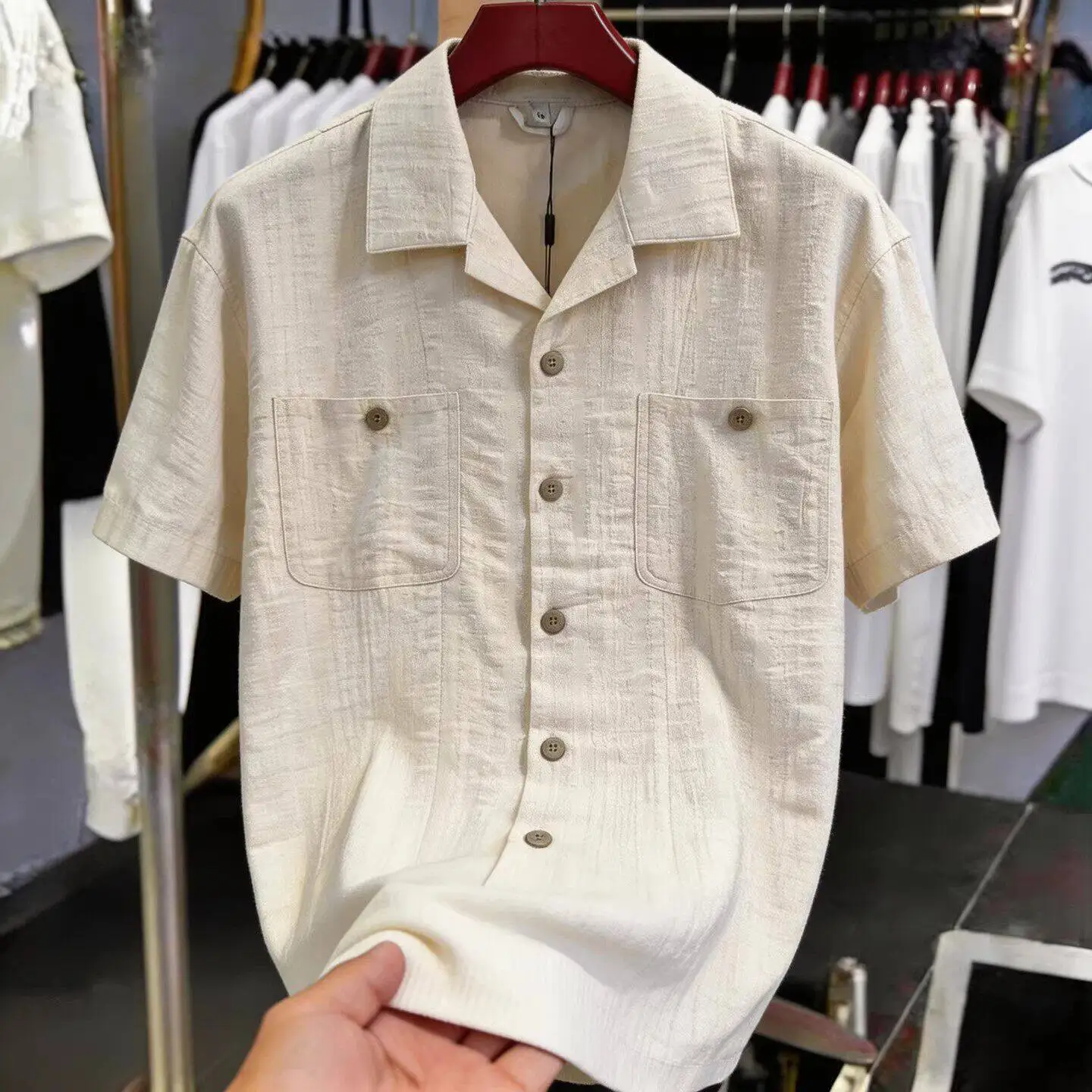 French Simple Summer Men's T-shirt Casual Fashion Solid Color Loose V-neck Single Breasted Male Commute Short Sleeved Shirt