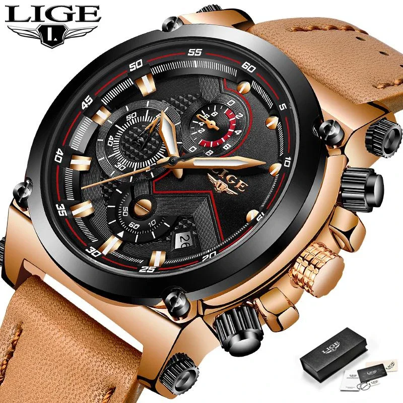 LIGE Quartz Men's Watches Top Brand Luxury Casual Sport Man Watch Leather Strap Military Waterproof Wristwatches Calendar Clock