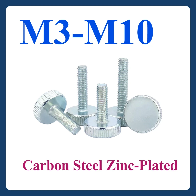 

M3 M4 M5 M6 M8 M10 Carbon Steel Zinc-Plated Flat Head Knurled Thumb Screws - Large Round Head Hand-Tightening