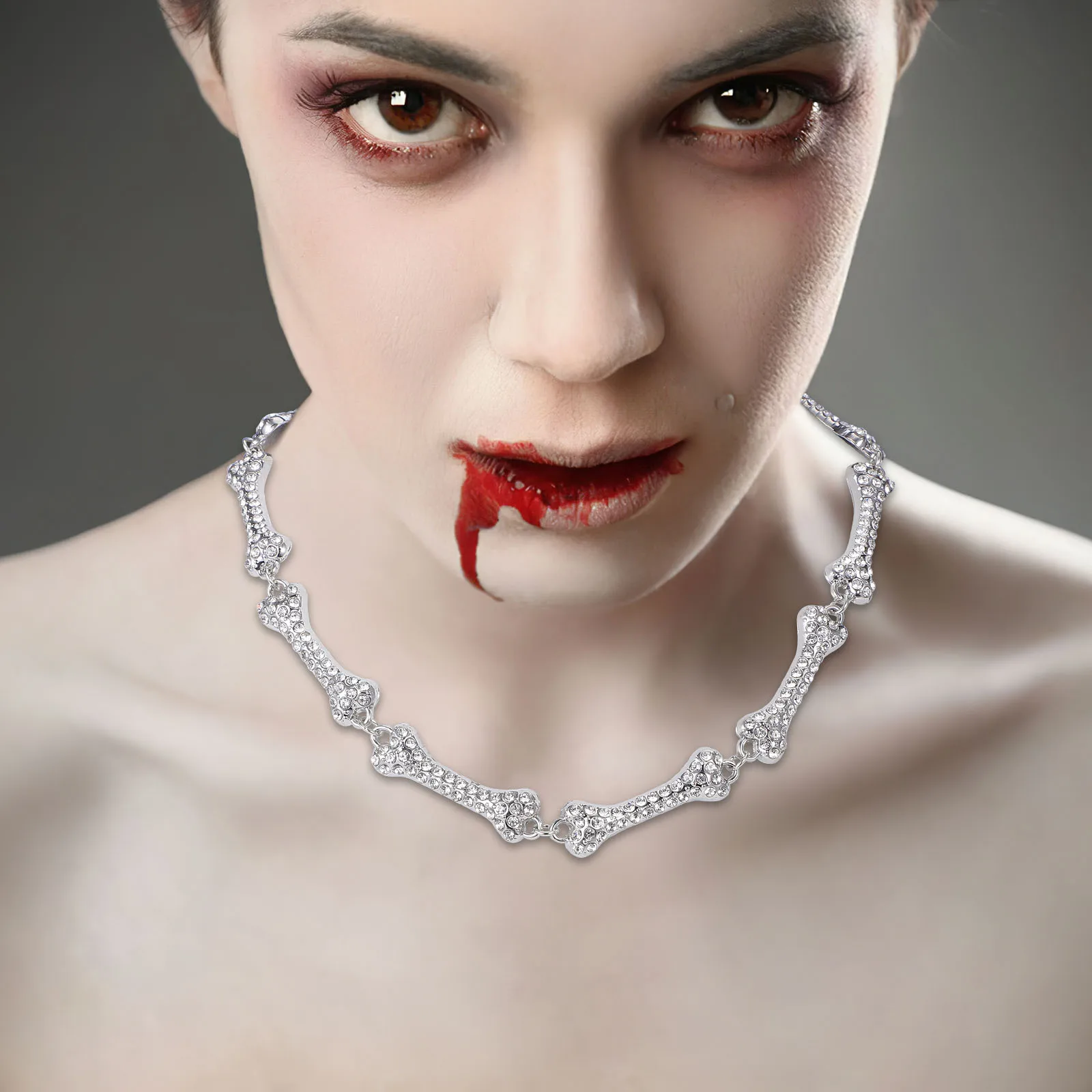 

Copper Bone Necklace Rhinestones Halloween Clavicle Chain Elegant Jewelry Gift for Women Charm Bone Necklace