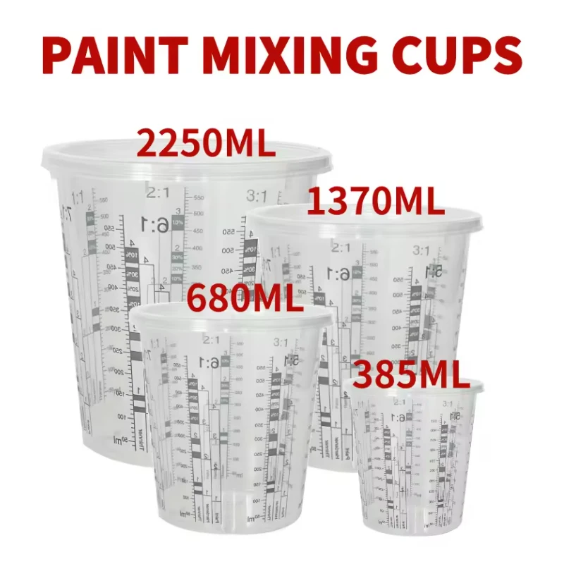 

10 шт. пластиковые чашки для смешивания краски, 385/680/1370/2250 мл, прозрачные калибровочные чашки с крышками и градуировками для точного смешивания