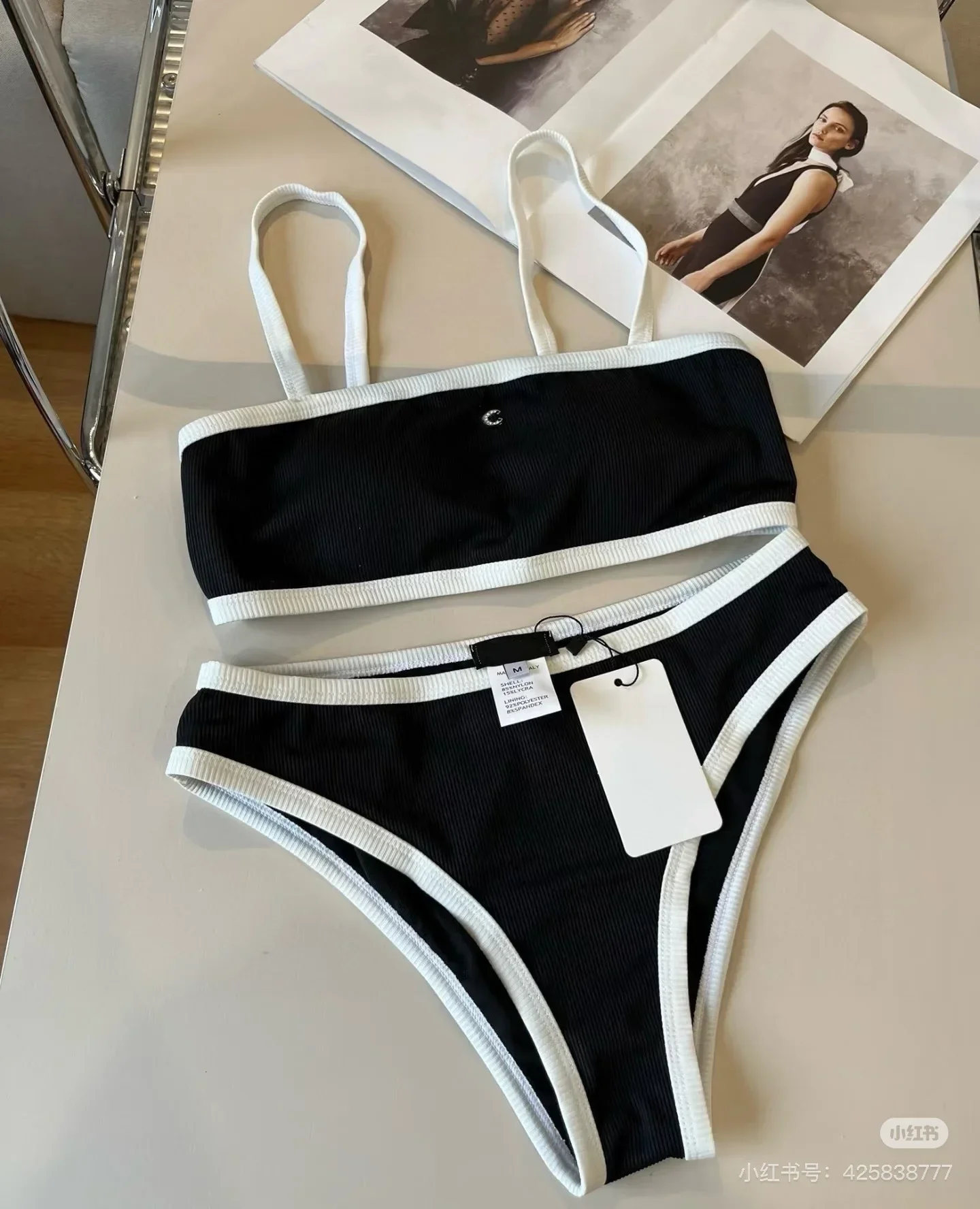 Women's Halter Bikini Set Color Block Black White Push Up Two Piece Swimsuit Split Side Summer Swimwear for Beach Pool