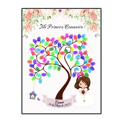 Custom Theme Name Date Fingerprint DIY Tree Leaf Painting For Kids First Holy Communion Party Decoration (No Wood Frame)
