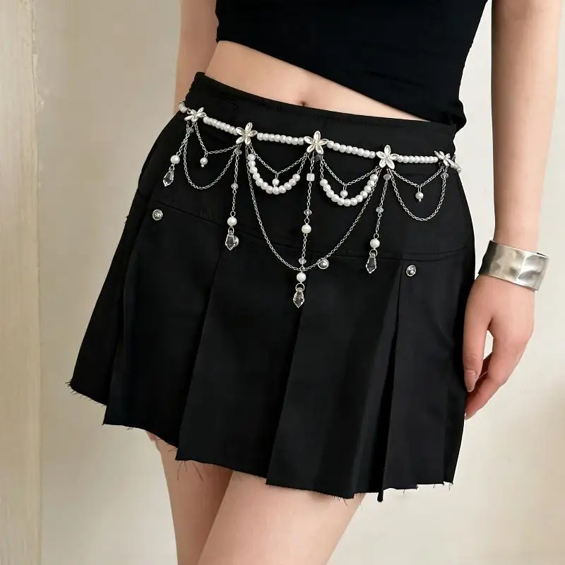 /Vly/Rhinestone Pentagram Waist Chain For Women Bling Crystal Pearl Chain Tassel Belt Body Chain Y2K Jewelry Shiny