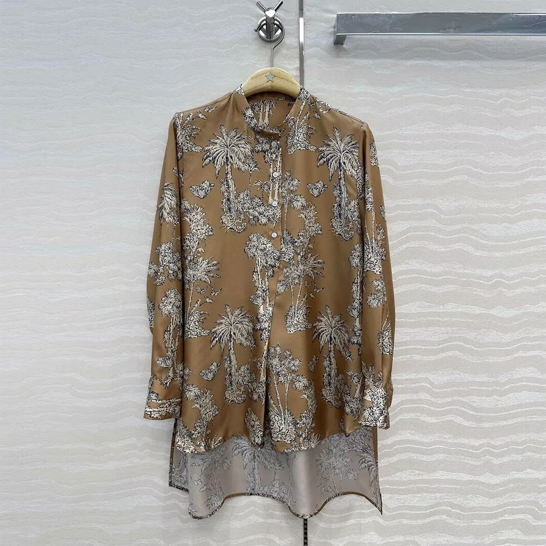 2025 nuevo otoño Vintage estampado de árbol de coco mariposa 100% Camisa larga de seda mujeres cuello redondo manga larga blusa Casual suelta Tops
