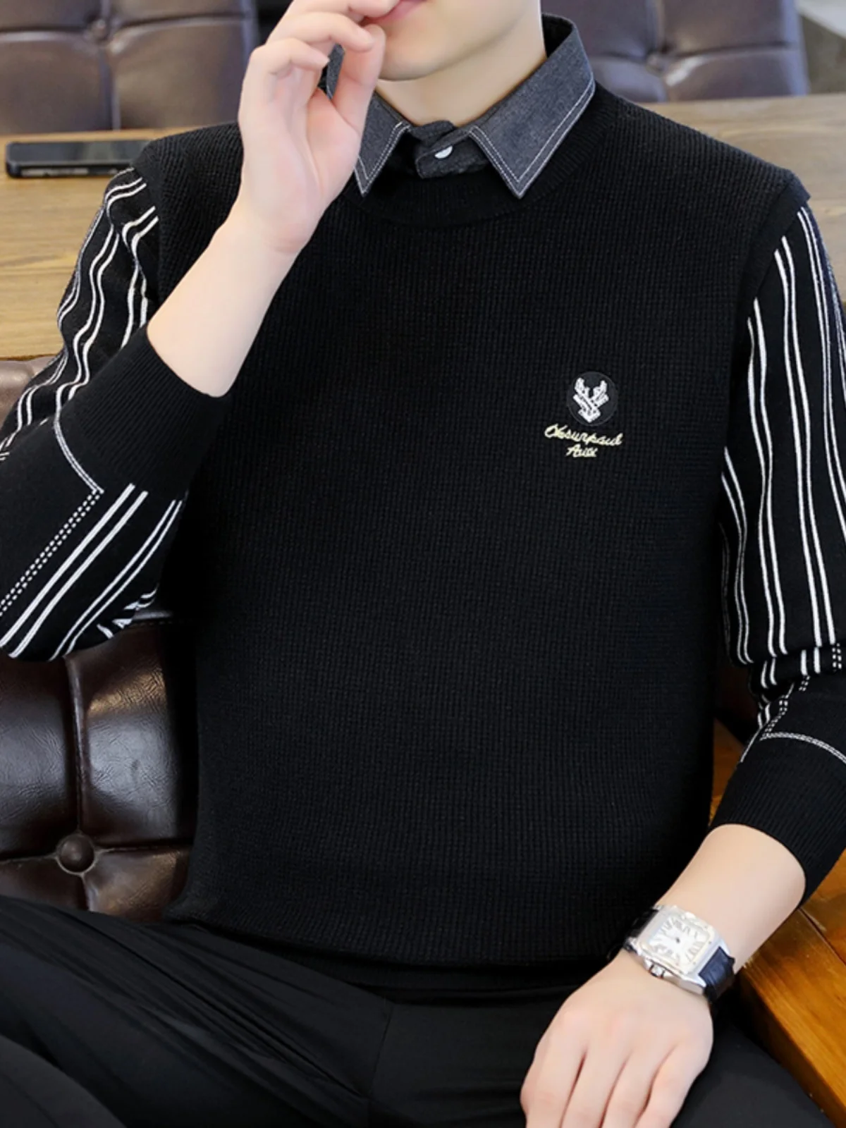 

Мужской утепленный свитер с круглым вырезом, приталенный, с вертикальными полосками, базовый слой, модный, осенне-зимний, новый стиль, трикотаж