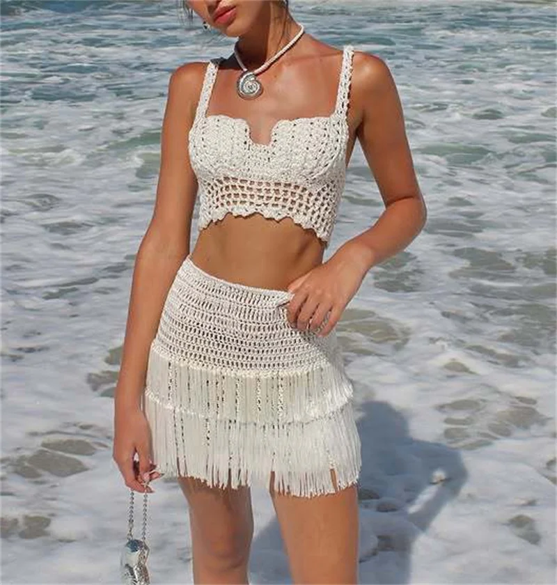 2PCS Sexy Backless Lace Up Fringe Tassel Mini Dress Women's Crop Top and Skirt Wrap Beach Crochet Knit Bikini Cover-ups