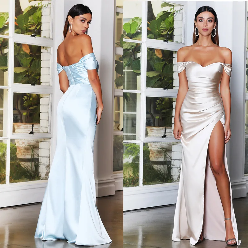 Off Shoulder Bridesmaid Dresses Women V-Neck Zipper Slit Sexy Tight Cocktail Dress Simple Elegant  Modern Club Party Gown