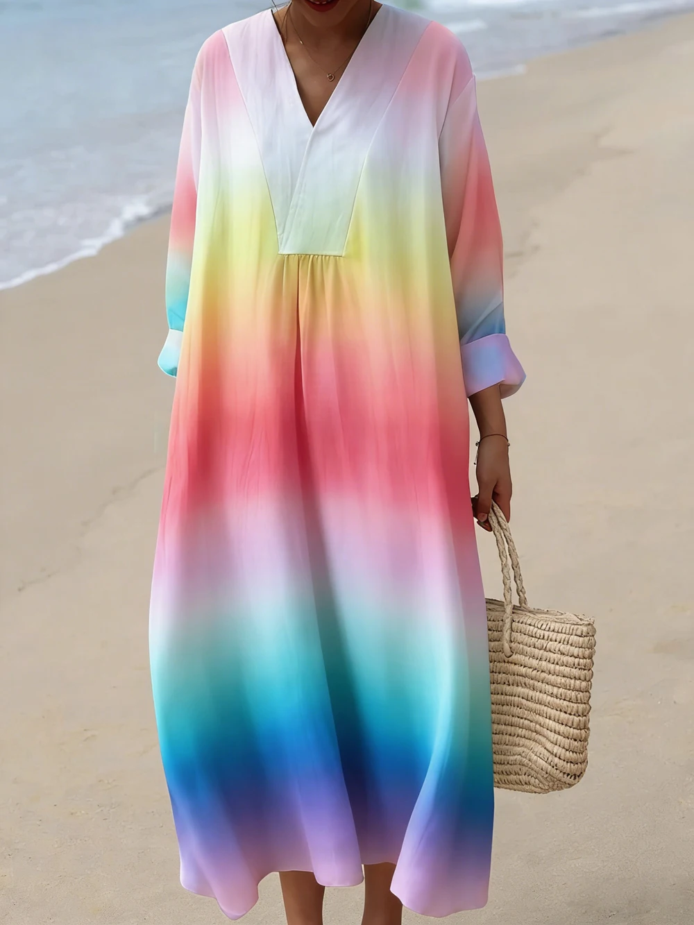 

Spring New Plus Size V Neck Gradient Print Casual Chic Long Sleeve Loose Dress Women's Fashion Office Daily Wear