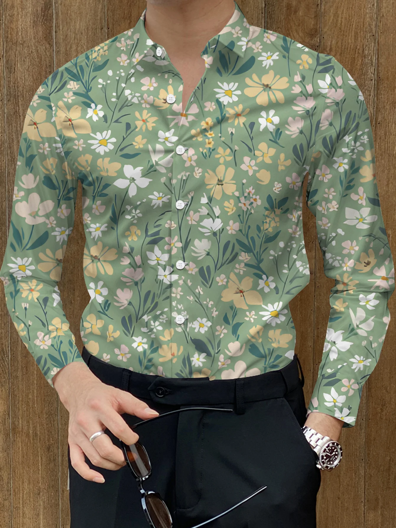 Trendy Men Button‑Up Shirt Fresh Spring Ditsy Wildflower Daisy Botanical Art Print Polyester Holiday Casual