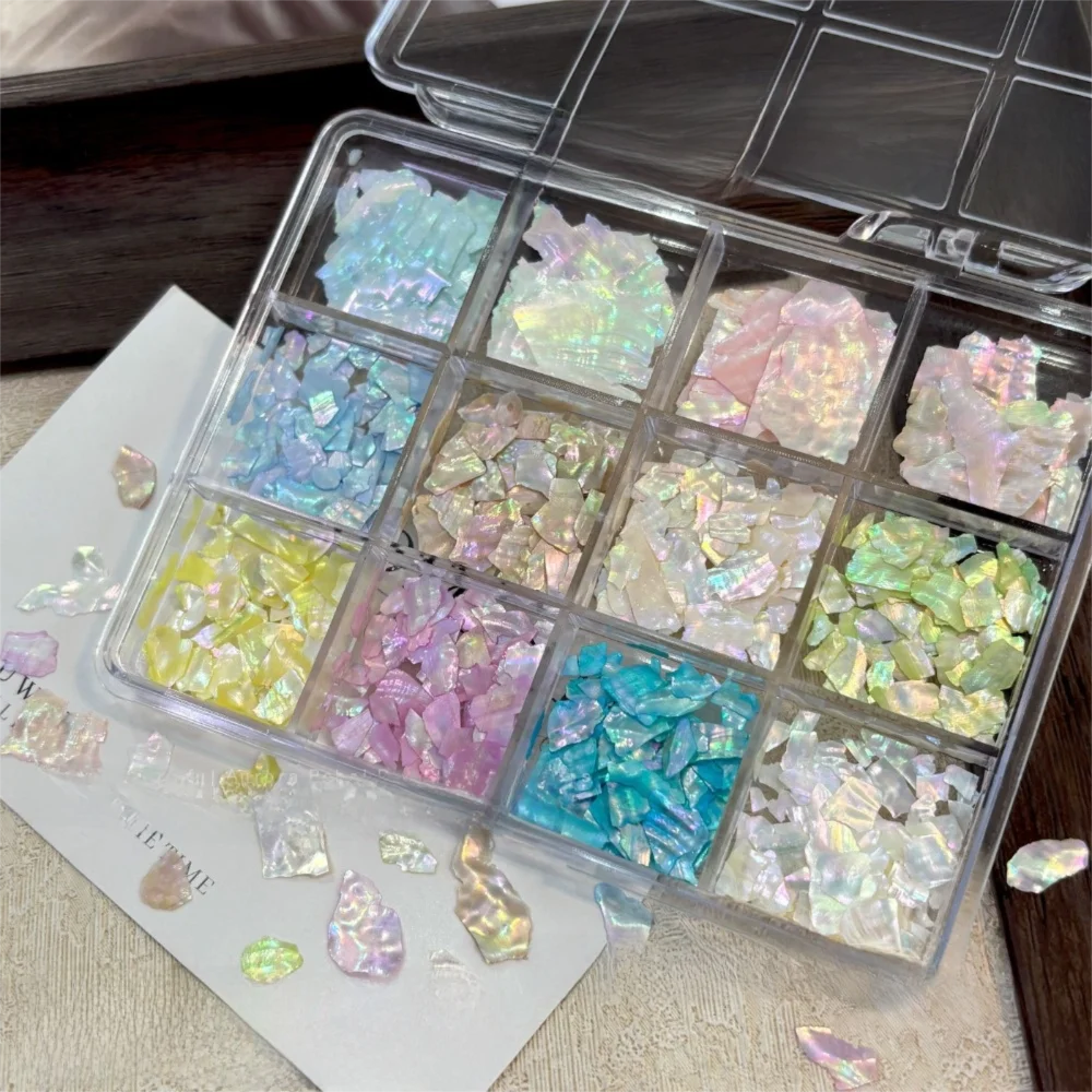 12Grids/Box 3D Irregular Shape Nail Art Charms Aurora Shell Sparkling Flakes Imitation Pearl Nail Decoration Glitter