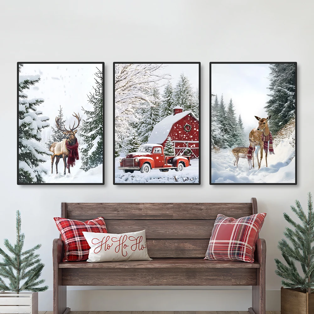 Set of 3 Christmas tree and elk canvas posters, winter snow scene wall decor, Merry Christmas canvas home wall decor