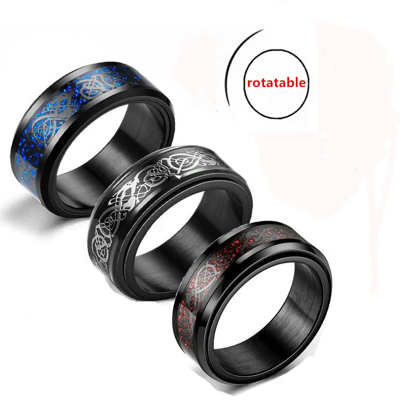 Stainless Steel Celtic Dragon Carbon Fibre Rings For Men Anti Stress And Anxiety Rotating Ring Fidget Spinner Free Shipping