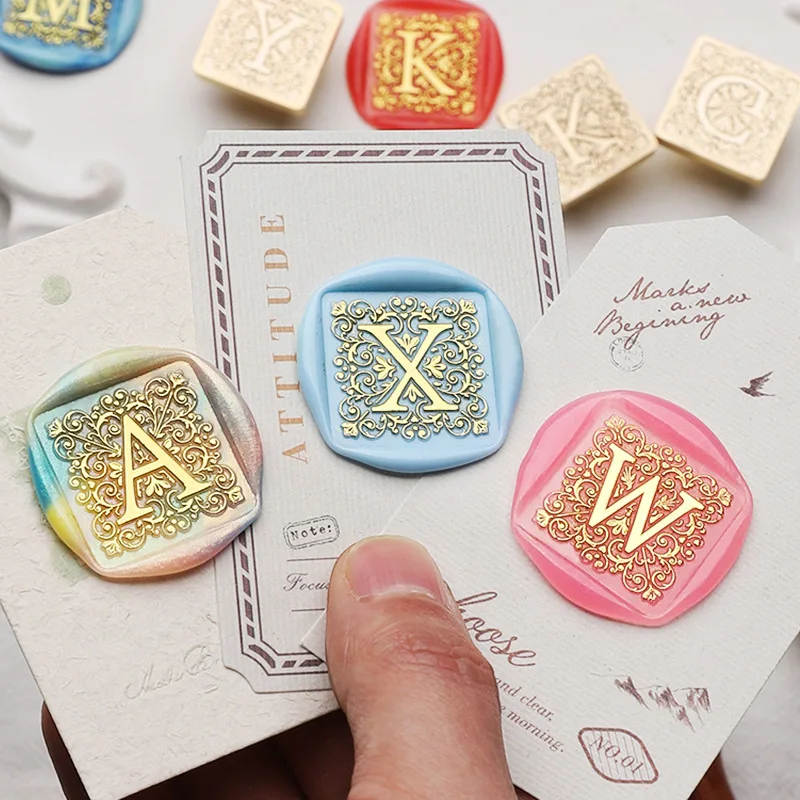 

Square Pattern Letter A-Z Initials Retro Floral Wax Seal Stamps Copper Head For Wedding Invitations Scrapbooking Gift Packing