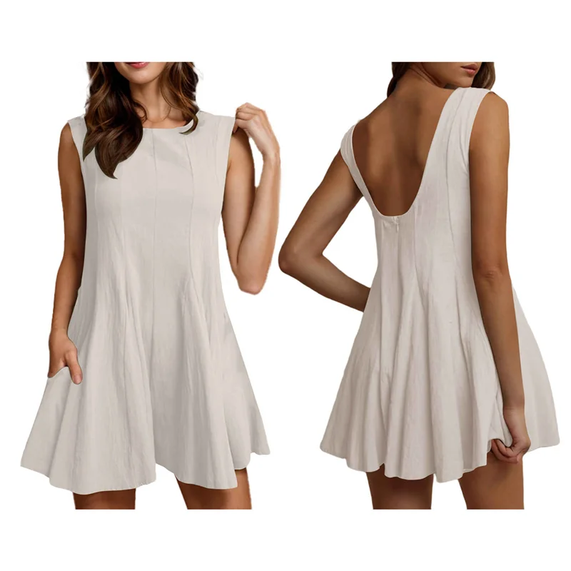 

A18P-комбинезоны для женщин, 209, хлопковые и льняные комбинезоны с круглым вырезом без рукавов и открытой спиной с карманами, струящиеся летние шорты, комбинезоны