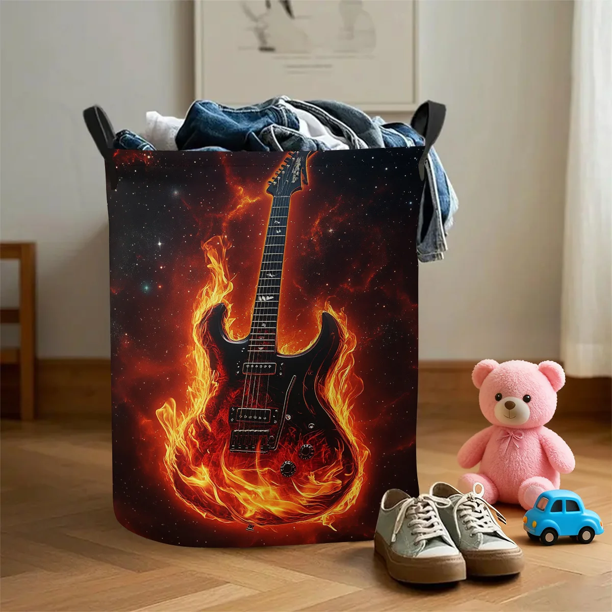 Electric Guitar Laundry Basket Foldable Round Storage Bin with Music Design Durable Polyester Hamper Suitable for Bathroom