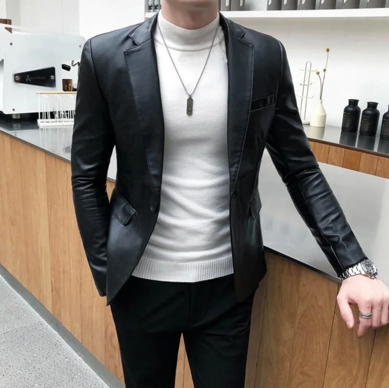 2024 Brand Clothing Fashion Men\'s High Quality Casual Leather Jacket Male Slim Fit Business Leather Suit Coats/Man Blazers 4XL