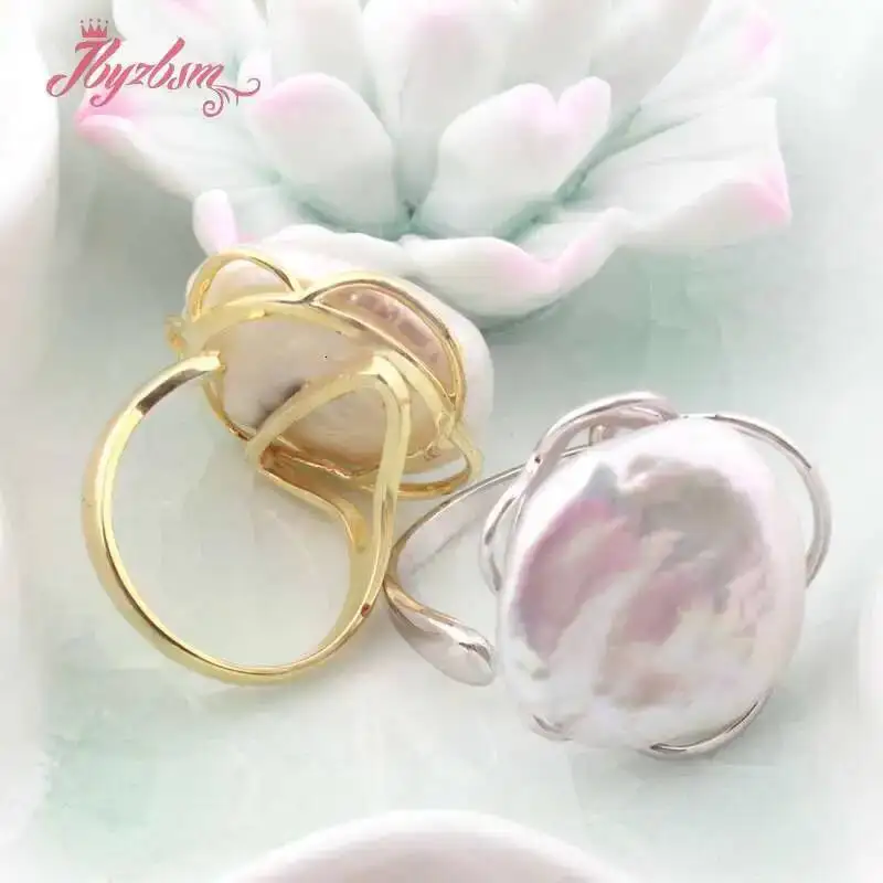17-19mm Natutal Cultiured Freshwater Pearl Stone Beads For Women Christmas Gift Silver Plate Jewelry Adjustable Ring 1 Pcs
