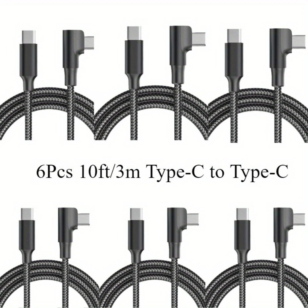 6 قطع كابل شحن من النايلون المضفر بطول 10 أقدام/3 متر، كابل زاوية قائمة 60 وات من النوع C إلى النوع C، كابل بيانات شحن سريع متين 90 درجة