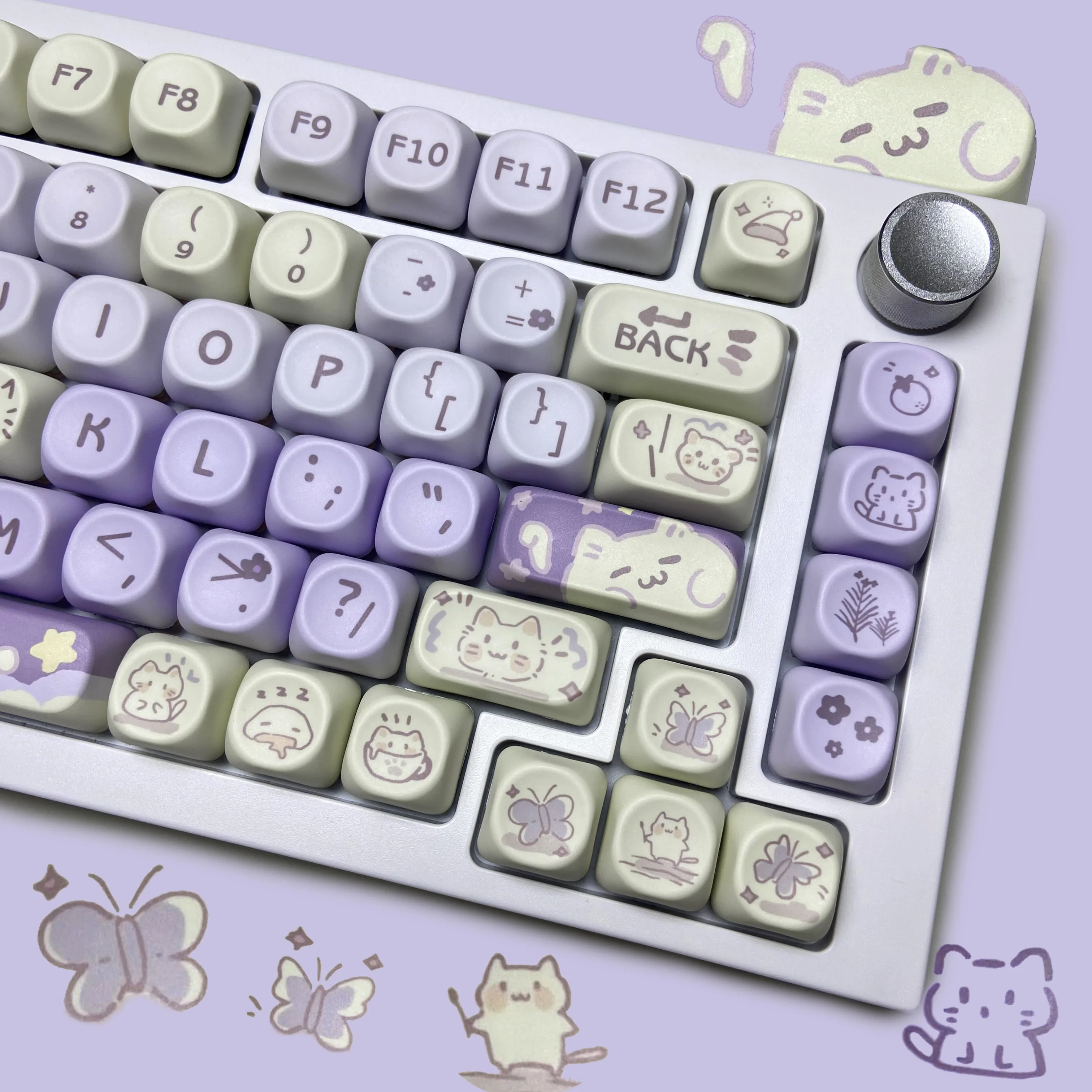 

Милые колпачки для клавиш Taro Cat, белый, фиолетовый, профиль MOA, PBT, 132 клавиши, полный набор для 61/75/TKL/104 MX, совместимая с механической клавиатурой