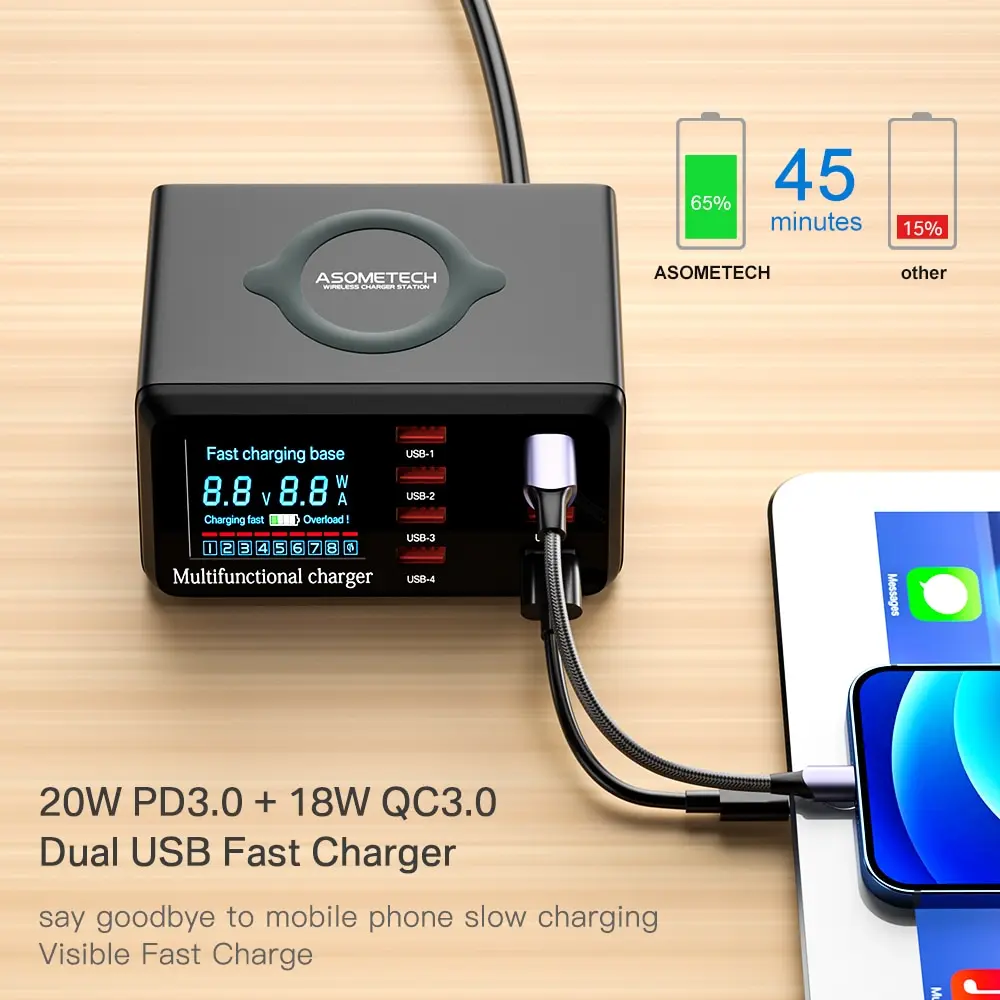 100W 8 Ports USB Charger Station With Wireless Charging Digital Display Screen QC3.0 PD3.0 Quick Charge For iPhone 14 13 Xiaomi