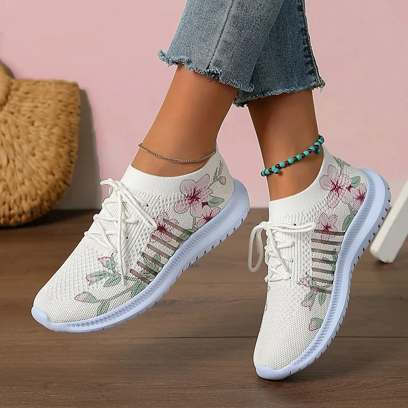 

Fashion Printed Breathable Sneakers Women Thick Bottom Knitted Walking Shoes Woman Hollow Out Slip On Sports Shoes Female 35-43