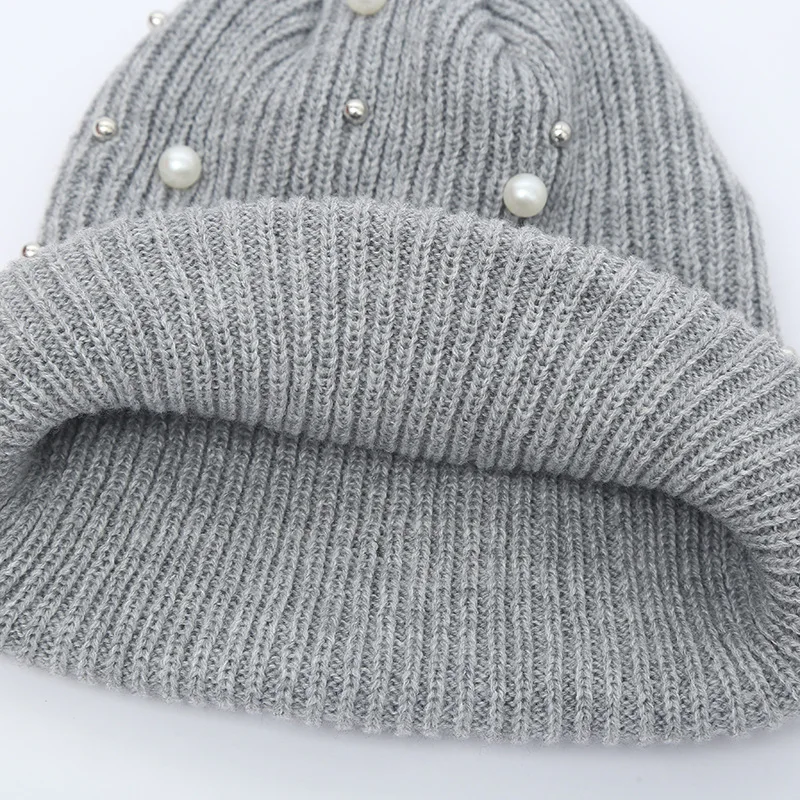 Winter Knitted Beanie Women Ladies Casual Outdoor Warm Skullies Cap Rhinestone Pearls Knitting Hats Female Solid Color Casual
