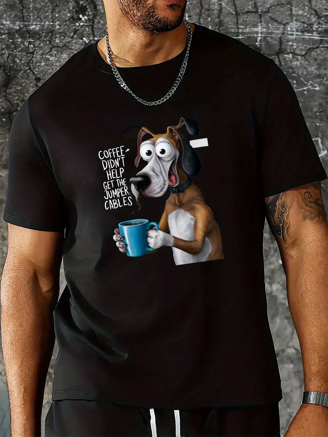 Cartoon Hound Dog Coffee Cup Print Men Short Sleeve Tshirt Humor Text O Neck Tee Funny Pet Fan Casual Male Street Fashion Tops
