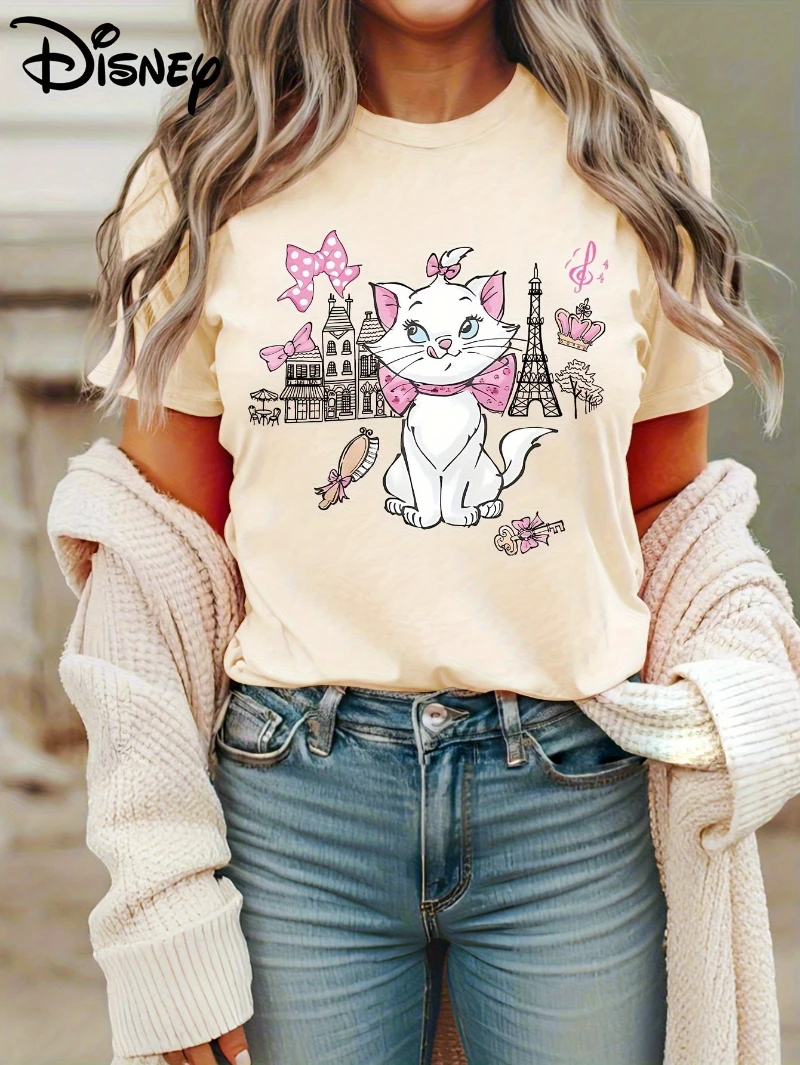 

Женская повседневная футболка с коротким рукавом Disney — Летний топ с Эйфелевой башней и французскими узорами, круглым вырезом