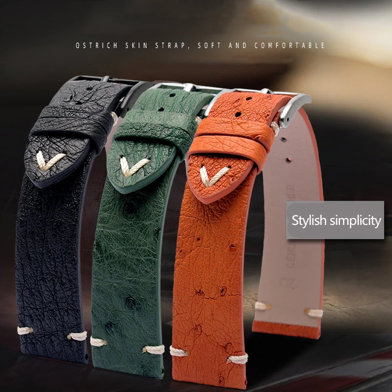 18mm 20mm 22mm Vintage Ostrich Leather Watchband for Seiko Prospex Green Water Ghost Omega Seamaster 300 Watch Strap Bracelet