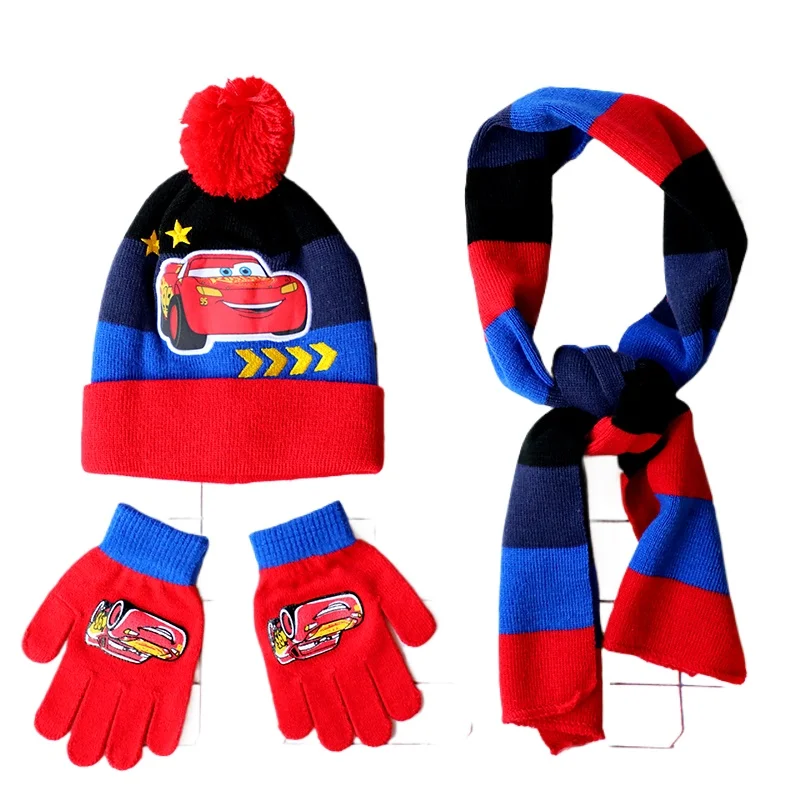 

5-8 Years New Autumn Winter Children Hat Blue Car Cartoon Scarf Hat Glove Warm knitted hat Boy Girl Cap Child Christmas Hat
