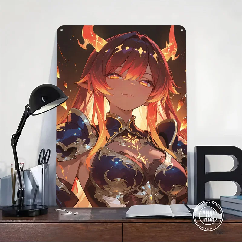 Fiery Demon Girl in Armor Printing Poster Customized Retro Wall Art Vintage Metal Signs for Mancave Home Decor Living Room House
