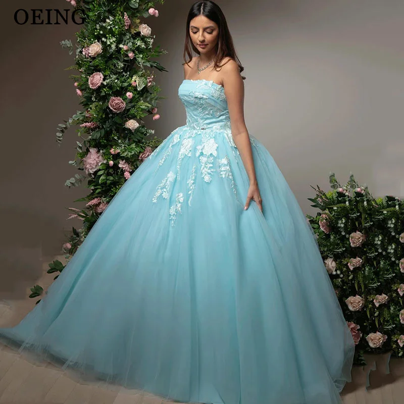 

OEING Light Blue A-Line Princess Prom Dresses Strapless Applique Party Gowns Sexy Floor-Length Soft Tulle Dress Customized