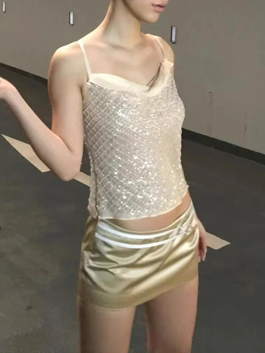 TWOTWINSTYLE, conjuntos de dos piezas de moda adelgazantes para mujer, cuello en V, sin mangas, chaleco de lentejuelas empalmado, minifalda de cintura alta, conjunto femenino