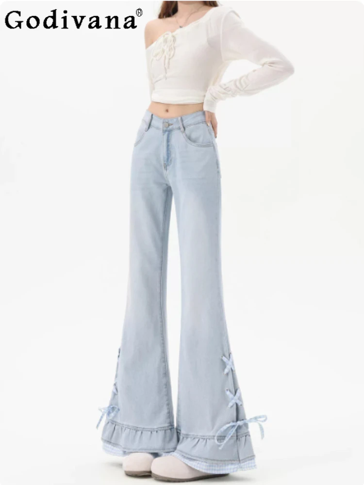 

2026 Spring New High Waist Slim Ruffles Bow Lace-Up Bootcut Jeans Sweet Women Fashion Versatile Age-reducing Blue Trousers