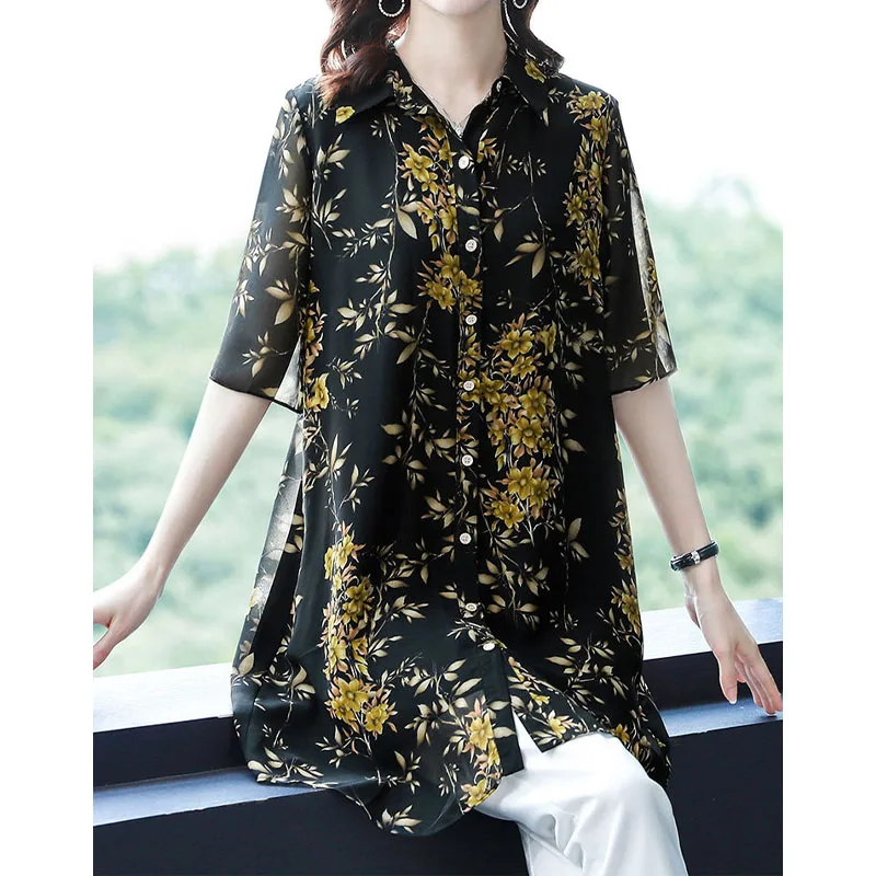 Casual All-match Female Printed Chiffon Shirt Summer New Women\'s Clothing Loose Fashion Single-breasted Turn-down Collar Blouse