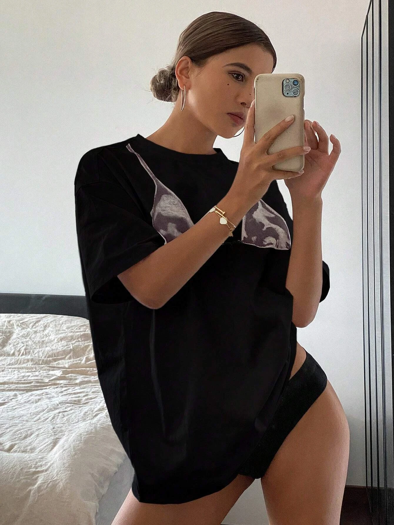 Feminino casual impresso padrão em torno do pescoço manga curta camiseta moda gota ombro feminino verão topos