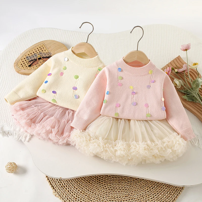 

Autumn Set Baby Knitted Suits Colorful Sequins Set Baby Girl knitted Sweater+Pompon skirt Baby Girl New Year Gathering Suit 2Pcs