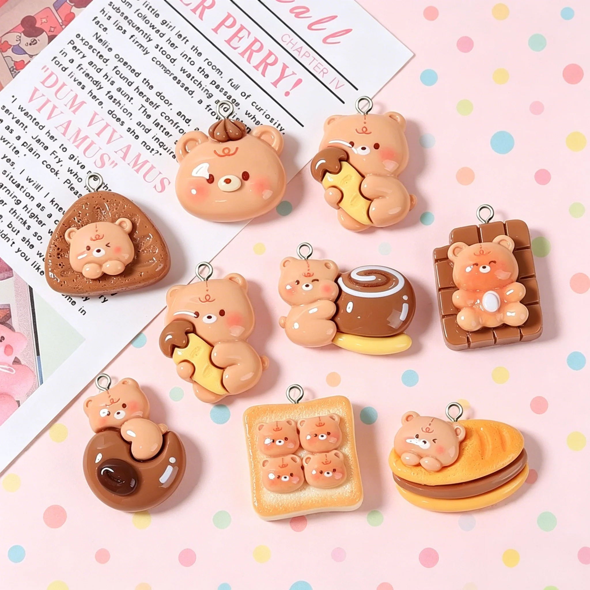 10Pcs Kawaii Bread Bear Resin Charms Cute Pendants for DIY Earrings Keychain Jewelry Making Supplies