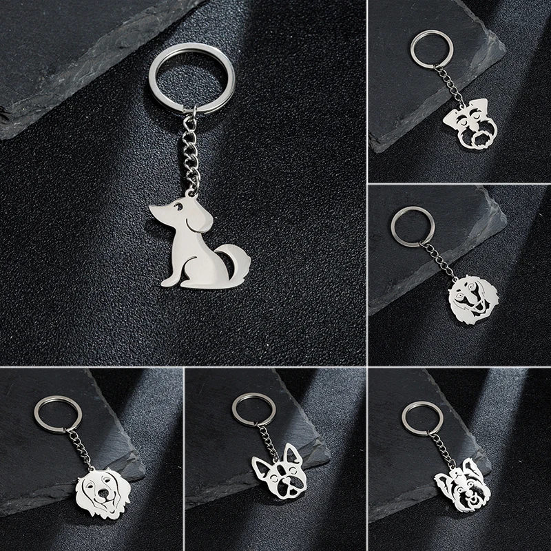 Shuangshuo Stainless Steel Dog Animal Keychain Cartoon Lovely Puppy Key Rings Keychains Key Holders Pendant Accessories Gift