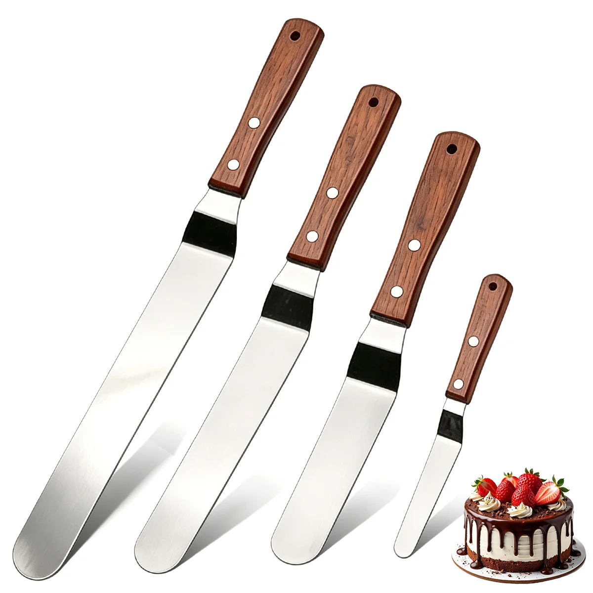 4pcs Icing Spatula, 4/6/8/10 inch Stainless Steel Offset Cake Spatula with Wood Handle, Multi-purpose Spreader Cake Spatula