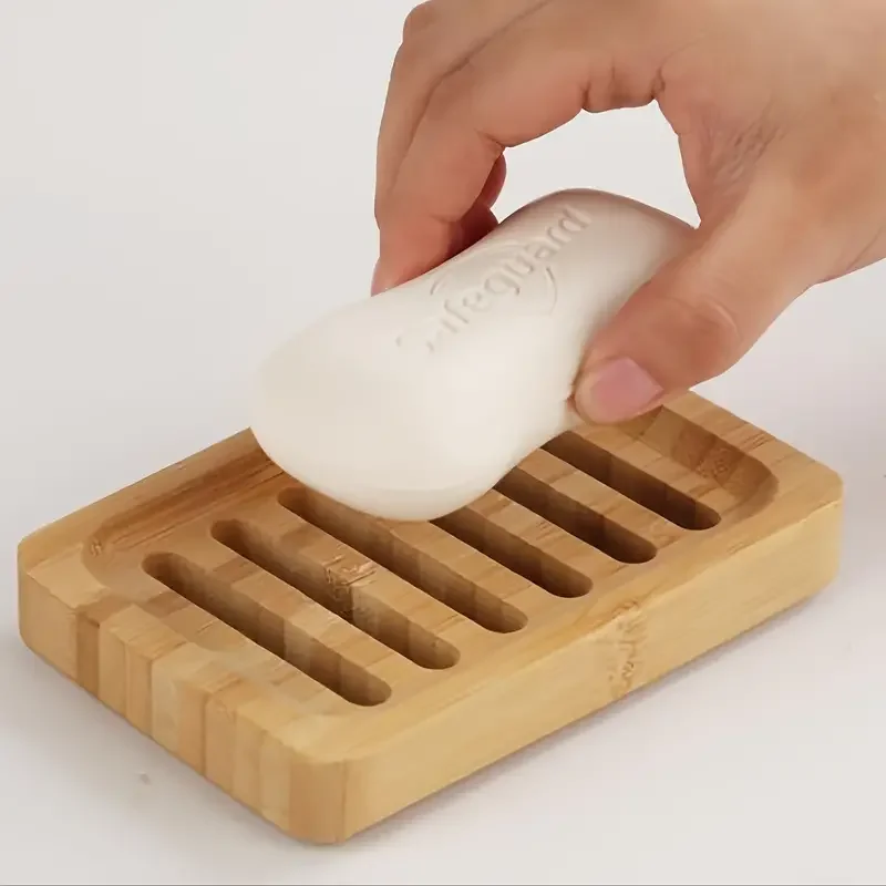 High-Quality Bamboo Soap Dish with Self-Draining Tray - Rectangular Wooden Soap Holder for Shower, Bathroom & Kitchen