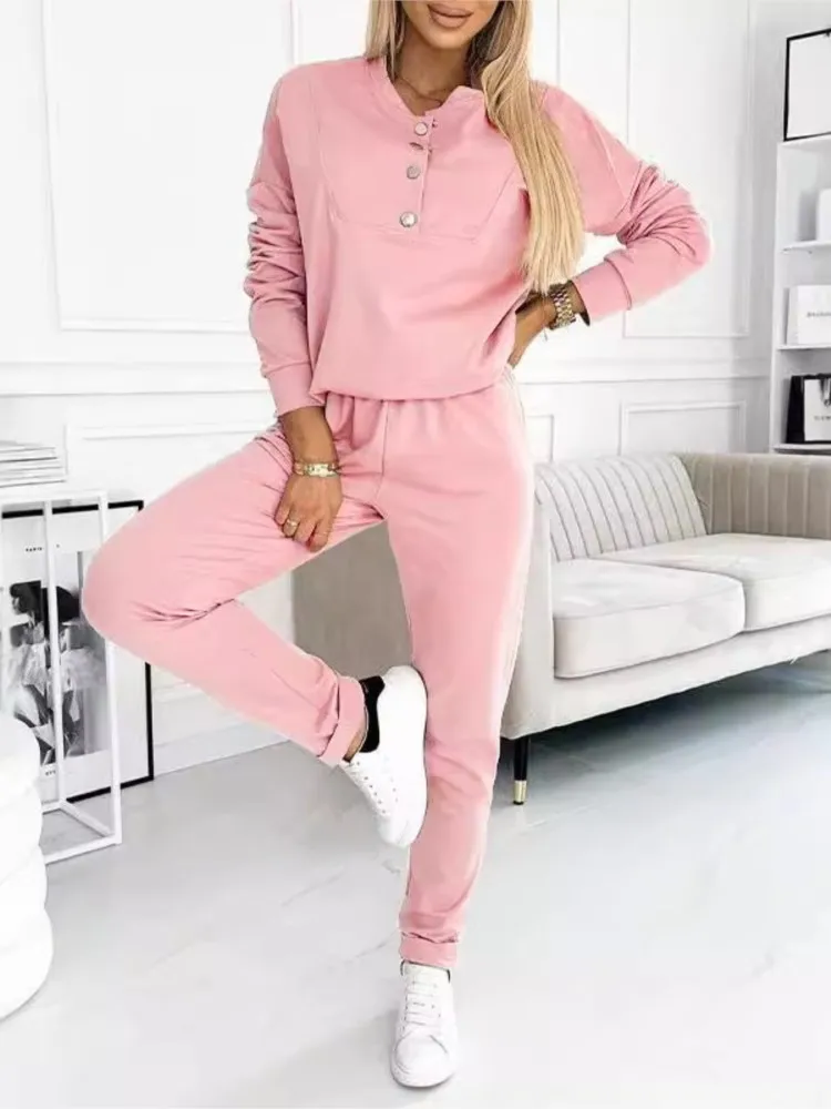 Women\'s Long Sleeve Top And Pants 2 Piece Set 2024 Autumn Simple Solid Sports Suit Casual Loose Two Piece Outfit Women Fashion